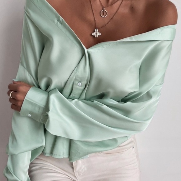 Satin boyfriend button down silky blouse hot pink - Picture 7 of 15